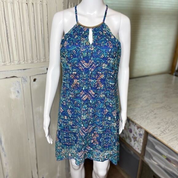 As U Wish Blue Green Geometric Halter Neck Metal Detail Shift Dress Size Small - Picture 2 of 15